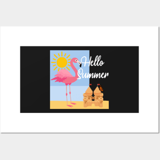 Hello Summer Pink Flamingo Design Posters and Art